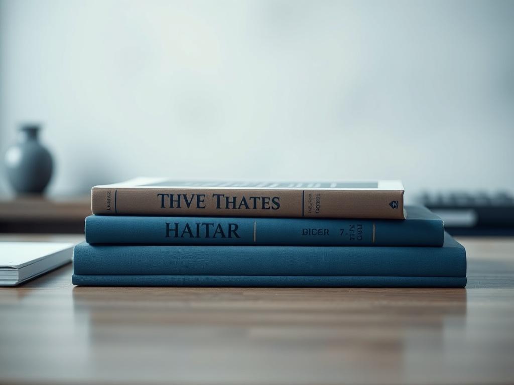 A high-resolution image of three books neatly arranged on a desk, with a calm and inviting atmosphere. The books should be in shades of blue and gray, fitting the overall cool-toned theme, and the background should be softly blurred to emphasize the books.