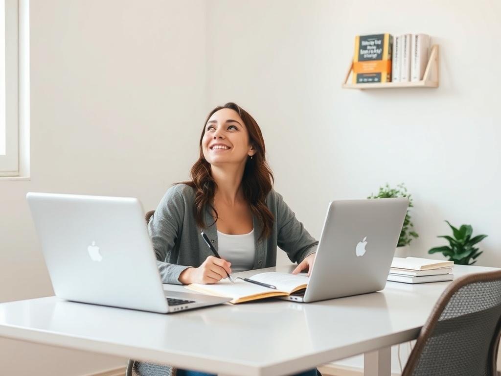 Create a realistic high-resolution photo that captures the essence of the blog titled "Creating Your NDIS Growth Hub." The composition should be simple and clean, featuring a single subject that embodies the concept of growth and development within the NDIS framework. 

**Subject Matter:** The focal point of the image should be a smiling young woman, sitting at a sleek, modern desk adorned with a laptop and open notepad. She should be deep in thought, looking up as if brainstorming ideas for her NDIS Growth