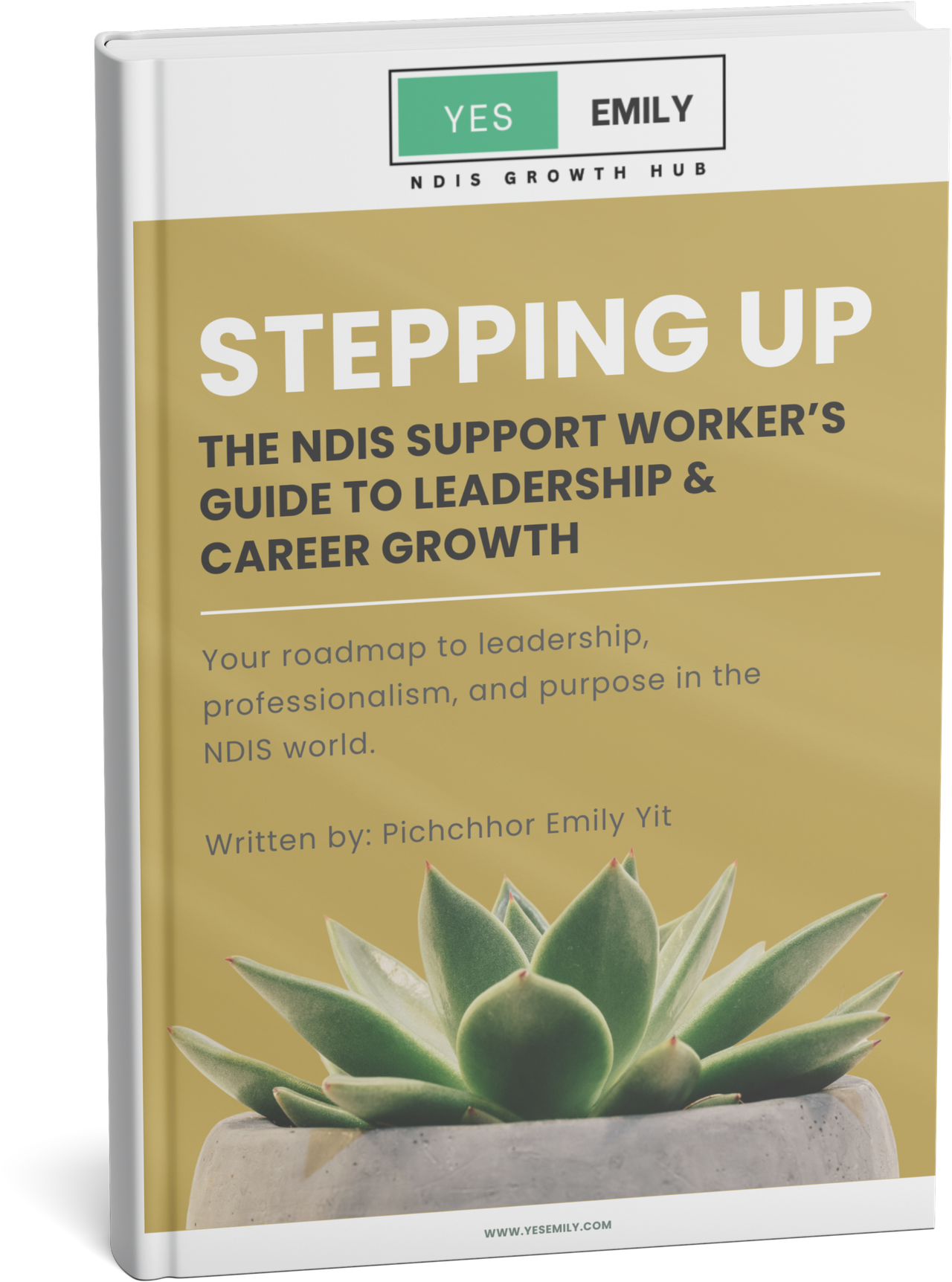 eBook cover of “Stepping Up: The Support Worker’s Guide to Leadership & Growth” by Yes Emily — an empowering NDIS resource helping experienced support workers step into leadership, independence, and professional confidence.