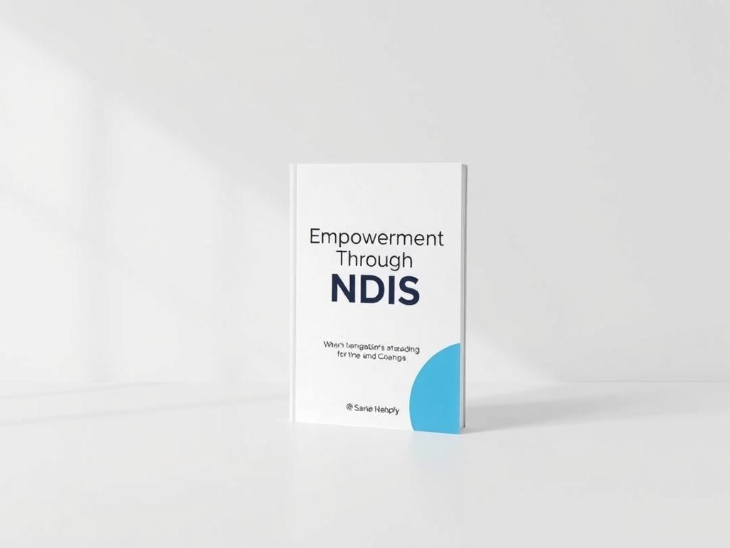 A realistic high-resolution image of a book titled 'Empowerment Through NDIS' with a clean and simple design, set against a minimalist background with soft lighting. The book should be the only subject in the image, showcasing its cover clearly.