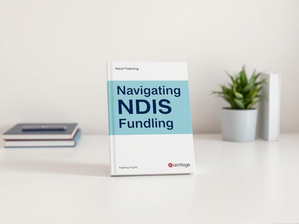 A realistic high-resolution image of a book titled 'Navigating NDIS Funding' on a clean, simple desk with a soft-focus background that emphasizes the book. The book should be prominently displayed, highlighting its informative design.