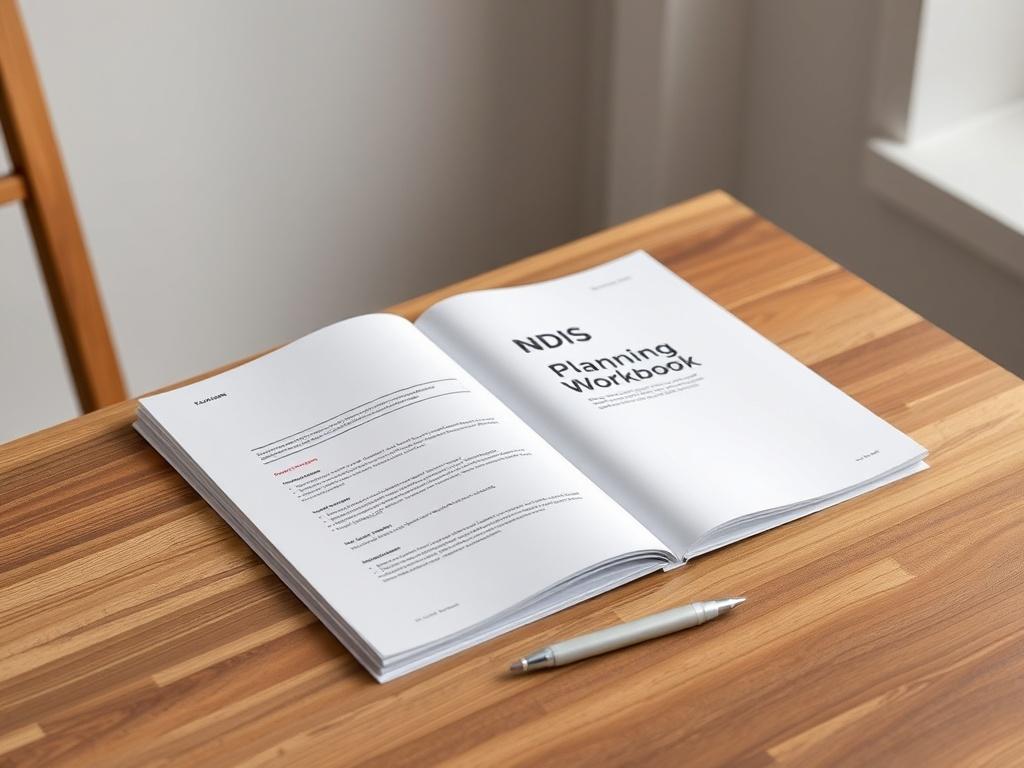 A realistic high-resolution photo of the 'NDIS Planning Workbook' lying flat on a stylish wooden table. The workbook is partially open, revealing structured pages with neatly organized sections. A pen rests beside it, suggesting readiness for planning. Use soft, diffused lighting to enhance the inviting ambiance.