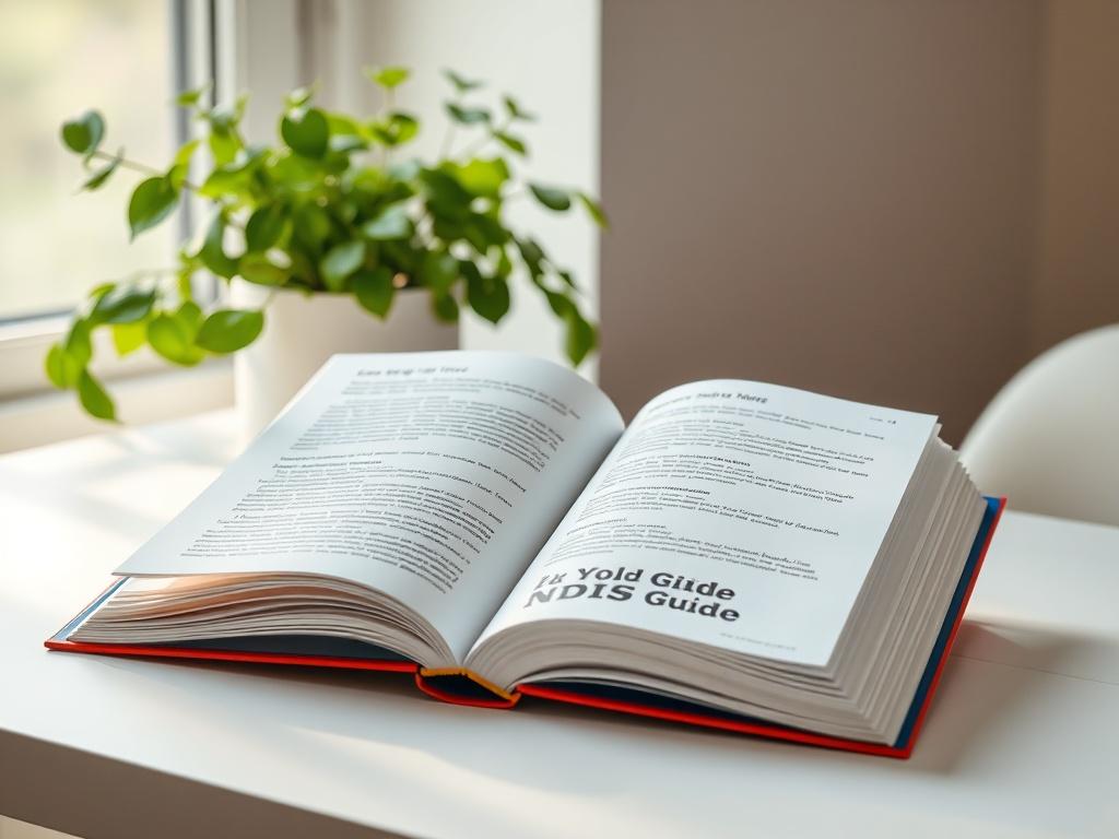 A realistic high-resolution photo of an open book titled 'Empowering NDIS Guide', resting on a clean, minimalistic desk with soft natural lighting. The background showcases subtle greenery, enhancing the calming atmosphere. The focus should be on the book's cover and open pages, showcasing engaging layouts and clear text.
