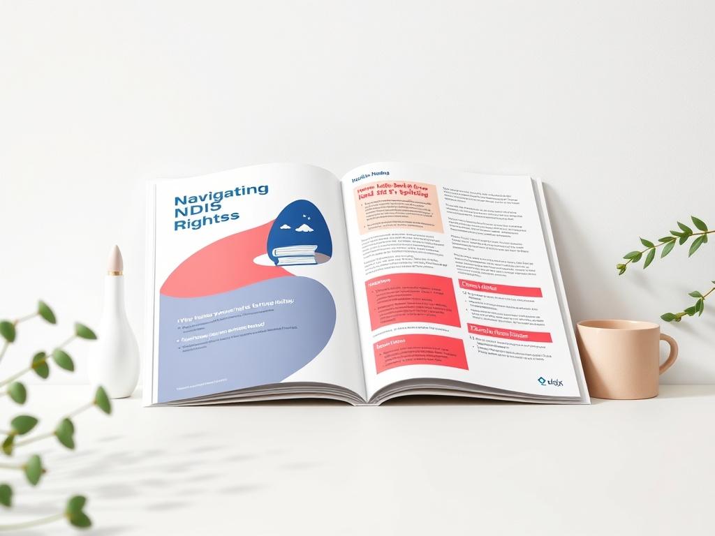 A realistic high-resolution photo showcasing the 'Navigating NDIS Rights Booklet' against a soft, neutral background. The booklet lies open, revealing visually appealing pages with highlighted text. Subtle decorative elements, such as a plant or a coffee cup, enhance the relaxed reading environment.