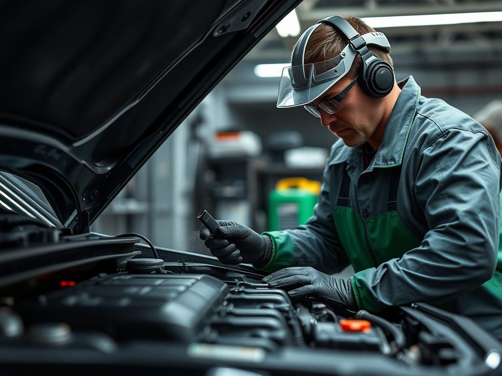 A close-up shot of a professional technician performing carbon cleaning on a car engine. The technician is focused and wearing safety gear, with tools and equipment visible, showcasing a clean and well-lit garage environment. The background is blurred, emphasizing the technician and the engine. The color palette includes shades of green (rgb(50, 170, 39)) to reflect the brand's primary color.