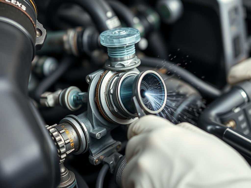 A close-up shot of an engine component, specifically the EGR valve, being cleaned. The image should show technicians in the background using cleaning tools, with a focus on the EGR valve and cleaning process.