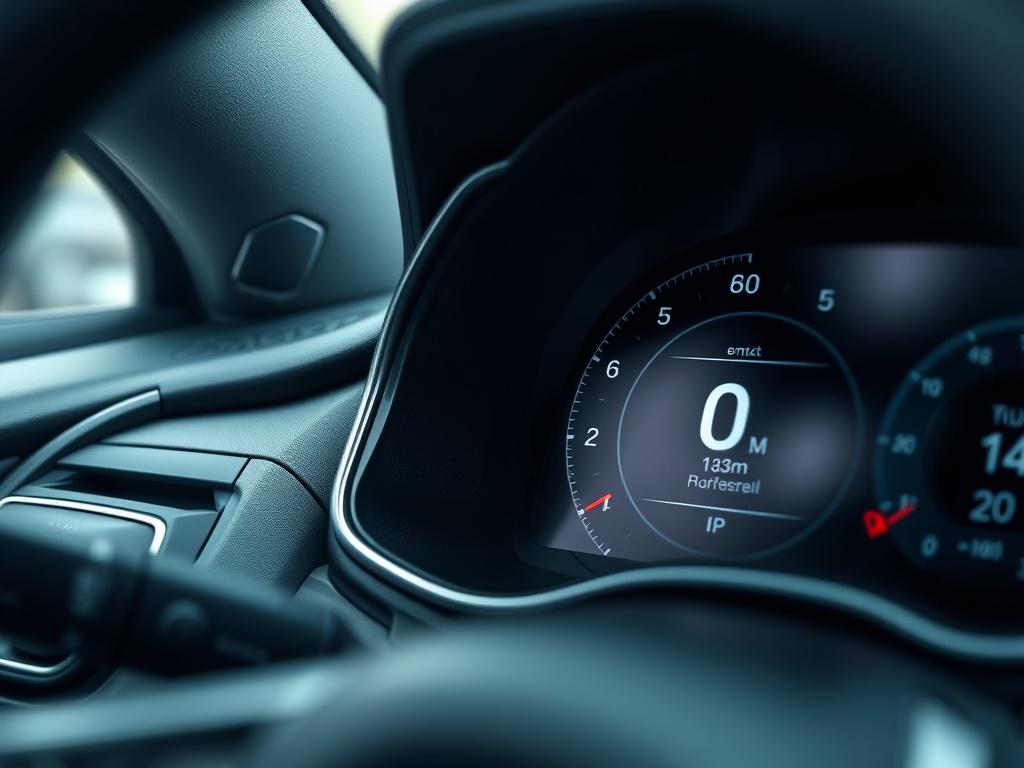 A close-up shot of a car's dashboard with a focus on the electronic control unit (ECU) display, showcasing performance metrics like horsepower and torque. The background should be blurred to emphasize the ECU, with a sleek, modern vehicle interior visible.