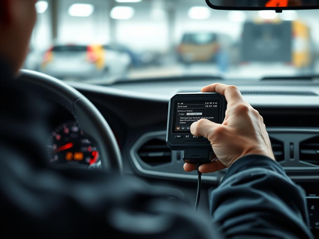 A close-up shot of a technician using a diagnostic scanner on a vehicle's dashboard. The image should focus on the scanner's screen displaying error codes, with the vehicle's interior visible in a well-lit environment.