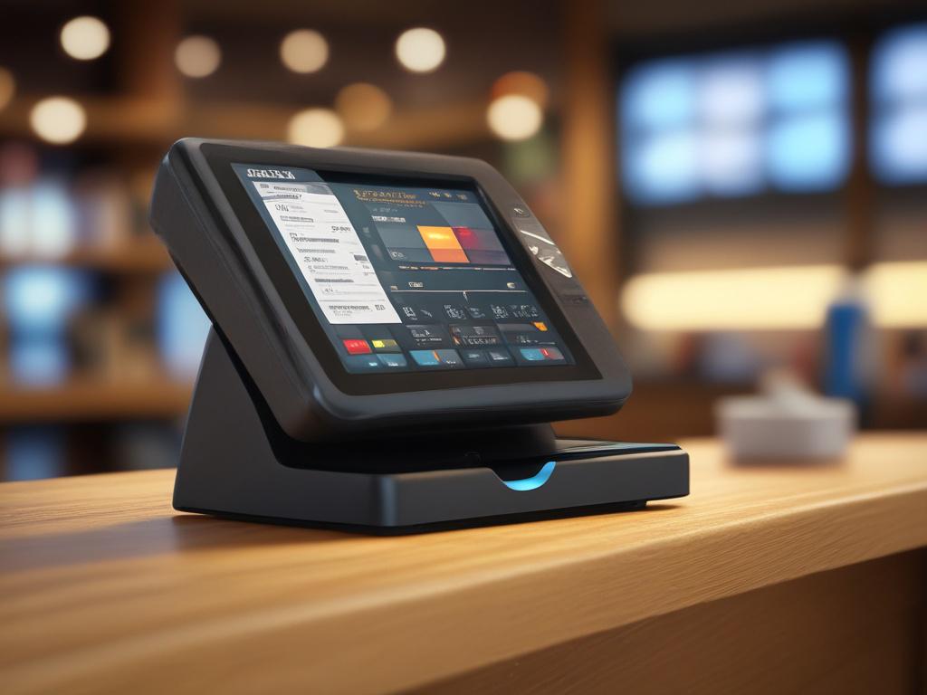 A modern Smart POS terminal on a sleek wooden counter,