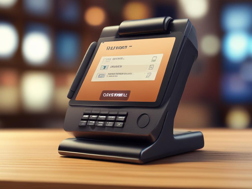 a sleek Smart POS terminal on a wooden counter, hyper