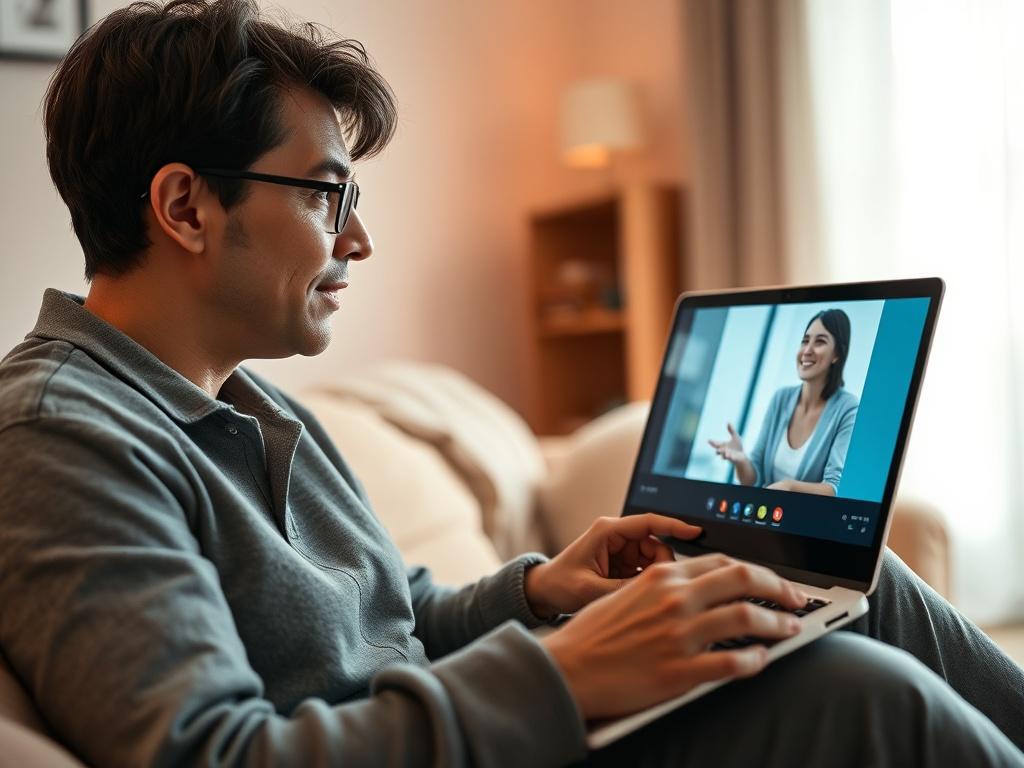 A close-up shot of a person engaged in a virtual coaching session with their life coach. The scene captures the person sitting comfortably in a cozy, well-lit room with a laptop open in front of them, displaying the life coach on the screen. The person has a focused and open expression, symbolizing growth and engagement. The background includes soft, warm colors that evoke a sense of calm and positivity. The overall composition is intimate and inviting, perfect for a personal growth experience.