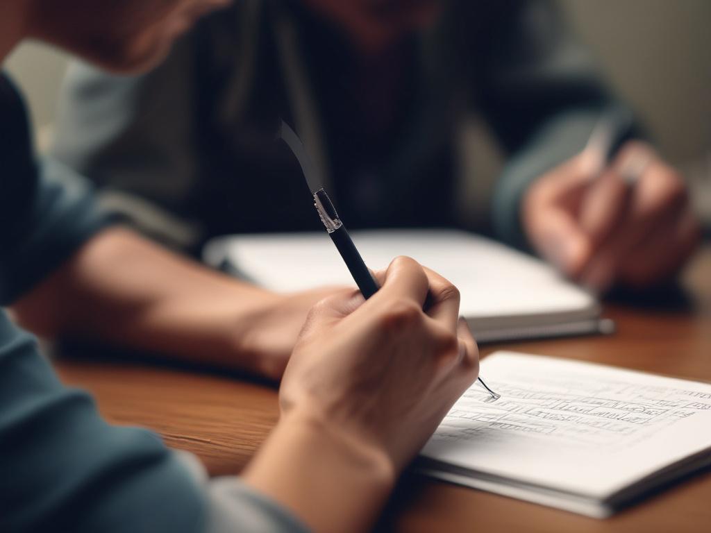 A hyper-realistic close-up photo of a focused individual writing notes during a personal growth workshop, captured with a 45mm f/1.2 lens style. The background softly features hues of rgb(69, 10, 186), evoking a sense of inspiration and clarity.