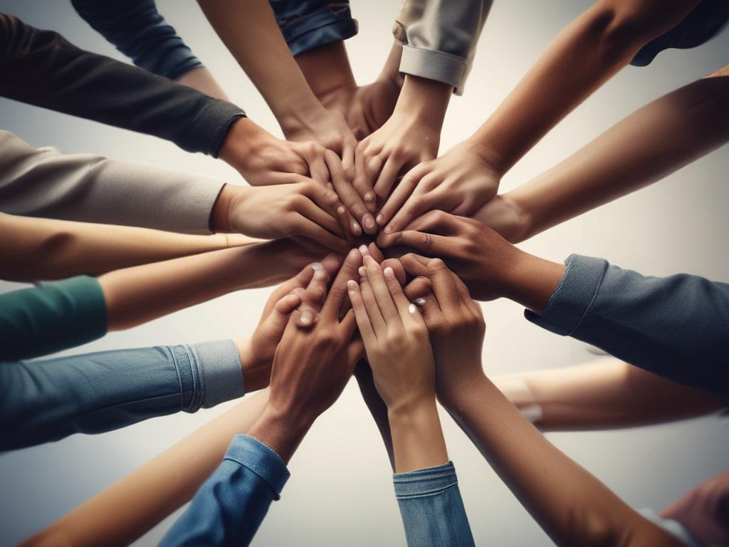 A hyper-realistic close-up photo of a diverse group of people holding hands in a circle, with warm expressions of compassion and unity. The image is shot with a 45mm f/1.2 lens, focusing on the hands and faces, set against a soft background tinted in rgb(69, 10, 186).