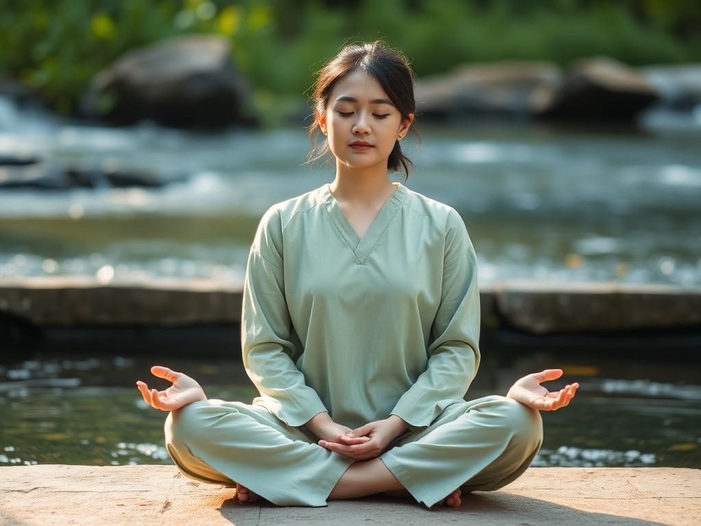 **AI Image Generation Prompt:**

Create a realistic high-resolution photo that embodies the theme "Eight Years Later: What My Autoethnography on Burnout Taught Me About Healing the Healers." 

**Composition:** Focus on a single subject centrally positioned in the frame. The subject should be a warm, compassionate healer in a serene, tranquil pose, reflecting a sense of peace and introspection. The background should be soft and subtly blurred, consisting of natural elements like gently flowing water or lush 