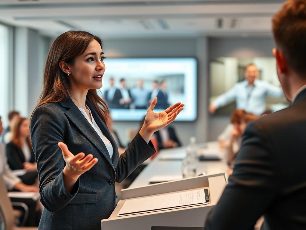 A professional woman confidently delivering a presentation in front of an engaged audience. The setting is a modern conference room with a clear view of the audience, who are attentively listening. The woman, dressed in a smart business attire, stands at a podium, gesturing with enthusiasm. The background features soft lighting and a large screen displaying a relevant visual. The focus is on the woman, highlighting her expression of passion and clarity.