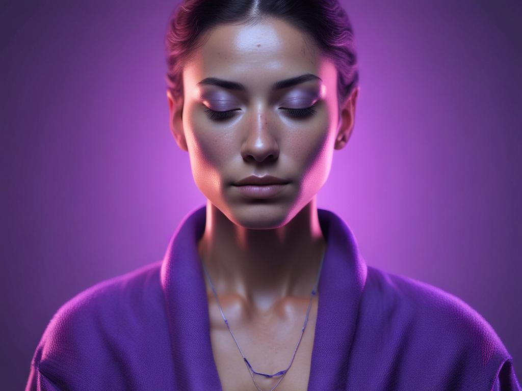 A close-up shot of a serene individual in a meditative state, eyes gently closed, surrounded by a soft purple and blue ambient light reflecting calm and healing energy. The photo is hyper-realistic, captured with a 45mm f/1.2 lens style, emphasizing peaceful facial expression and subtle details of relaxation. The background is simple and blurred with tones compatible with rgb(69, 10, 186), creating a digital sanctuary atmosphere.