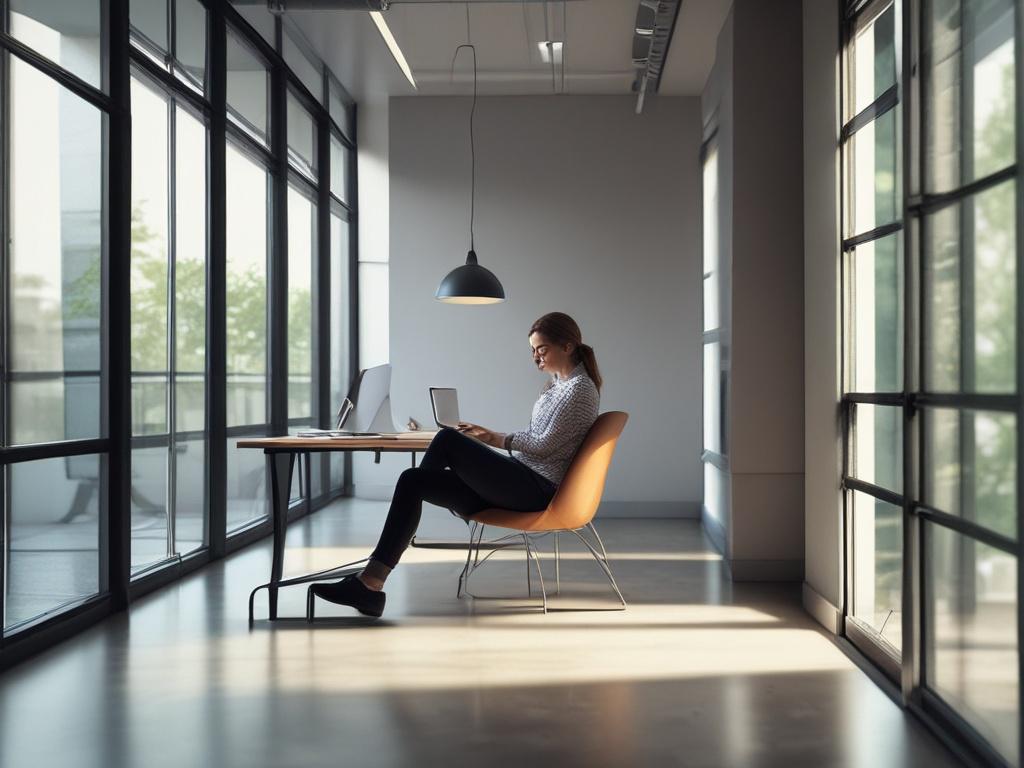 A serene office or coaching space with natural lighting streaming through large windows. A client is mid-session, seated comfortably with eyes closed and a calm, peaceful expression. The room features soft, neutral tones with touches of green plants, creating a healing and inviting atmosphere. The composition is focused on the client's face and upper body, shot as a close-up with a 45mm f/1.2 lens style for a hyper-realistic, high-resolution photo. The image color palette harmonizes with rgb(69, 10, 186) as