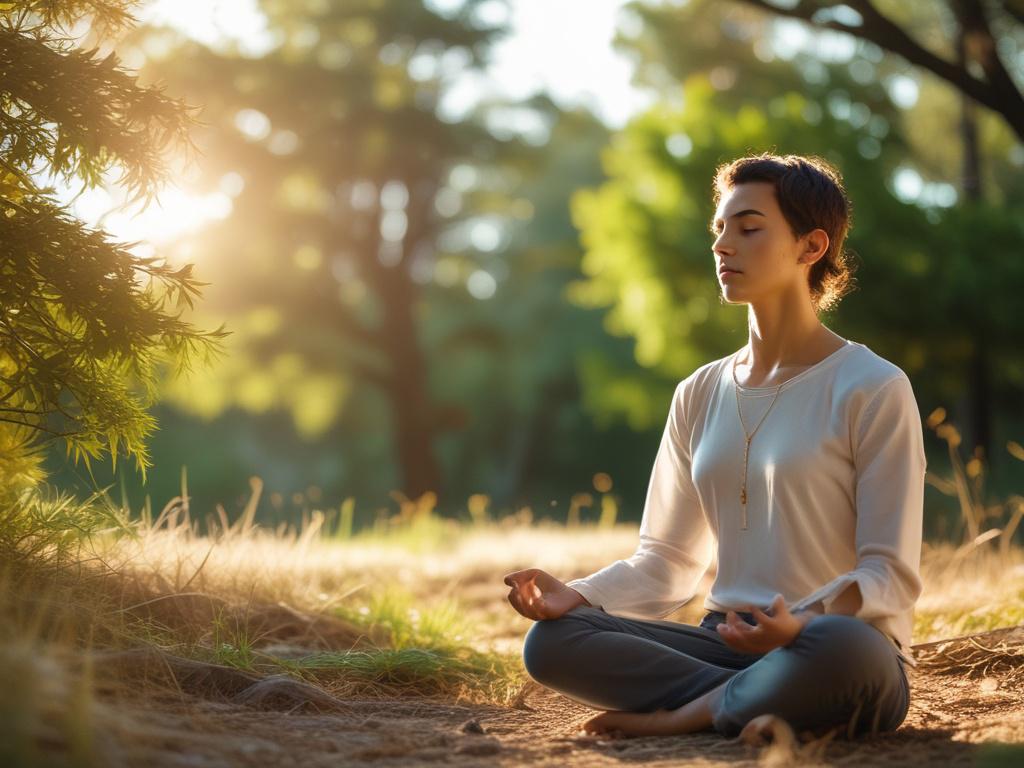 A close-up shot of a serene individual meditating outdoors during golden hour, captured with a 45mm f/1.2 lens style. The subject's peaceful expression radiates calm and compassion, with soft sunlight highlighting their face. The background features gentle, blurred natural elements in shades compatible with rgb(69, 10, 186), creating a harmonious and healing atmosphere. The composition is simple and clear, emphasizing emotional liberation and inner peace.