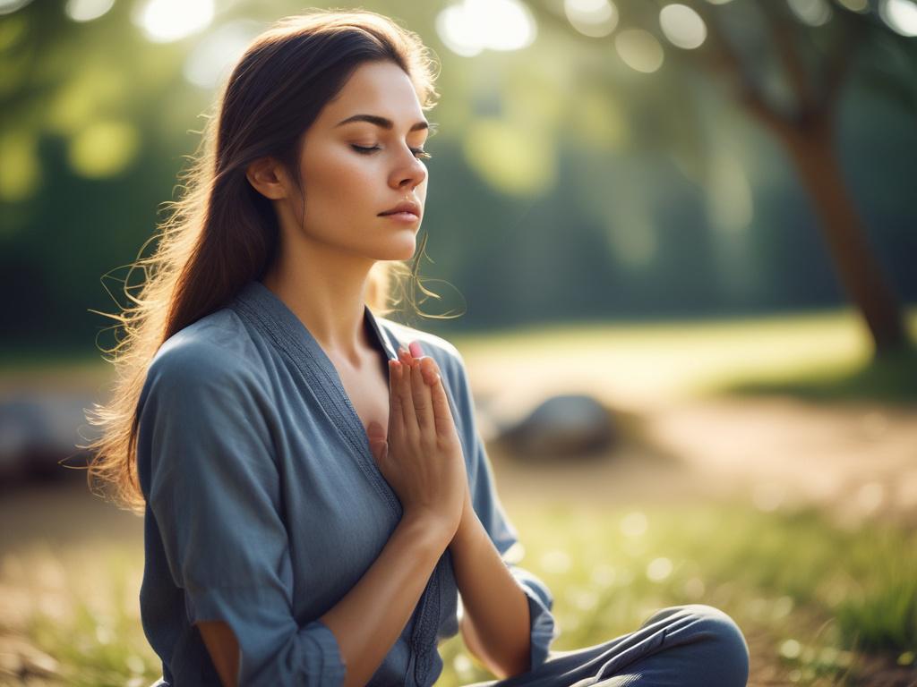 A close-up shot of a serene woman meditating outdoors, eyes closed, peaceful expression, soft natural light, captured with a 45mm f/1.2 lens style, vibrant colors with rgb(69, 10, 186) reflected subtly in the background elements, hyper-realistic, high-resolution.