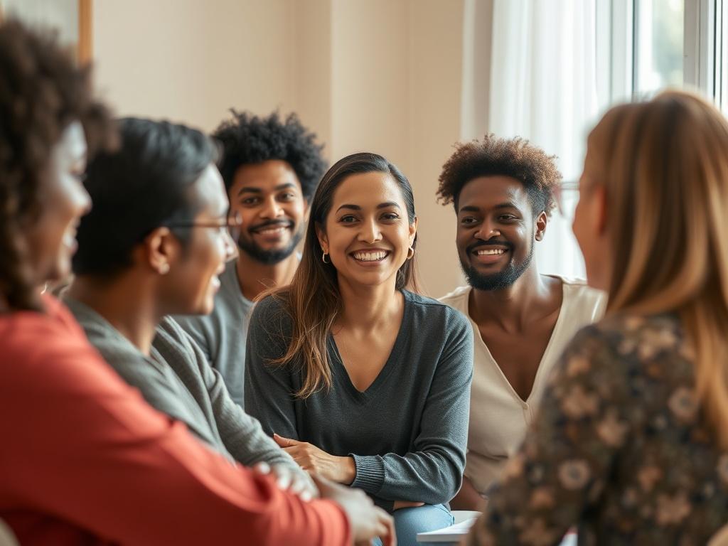 A serene and inviting scene of a diverse group of individuals engaged in a group coaching workshop. The focus is on a facilitator guiding the group with compassion and enthusiasm. The background features soft, warm colors with natural light streaming in, creating an uplifting atmosphere. The image captures the expressions of openness and connection among the participants, emphasizing a sense of community and support. The composition is clear and simple, showcasing the interactions while maintaining a focus 