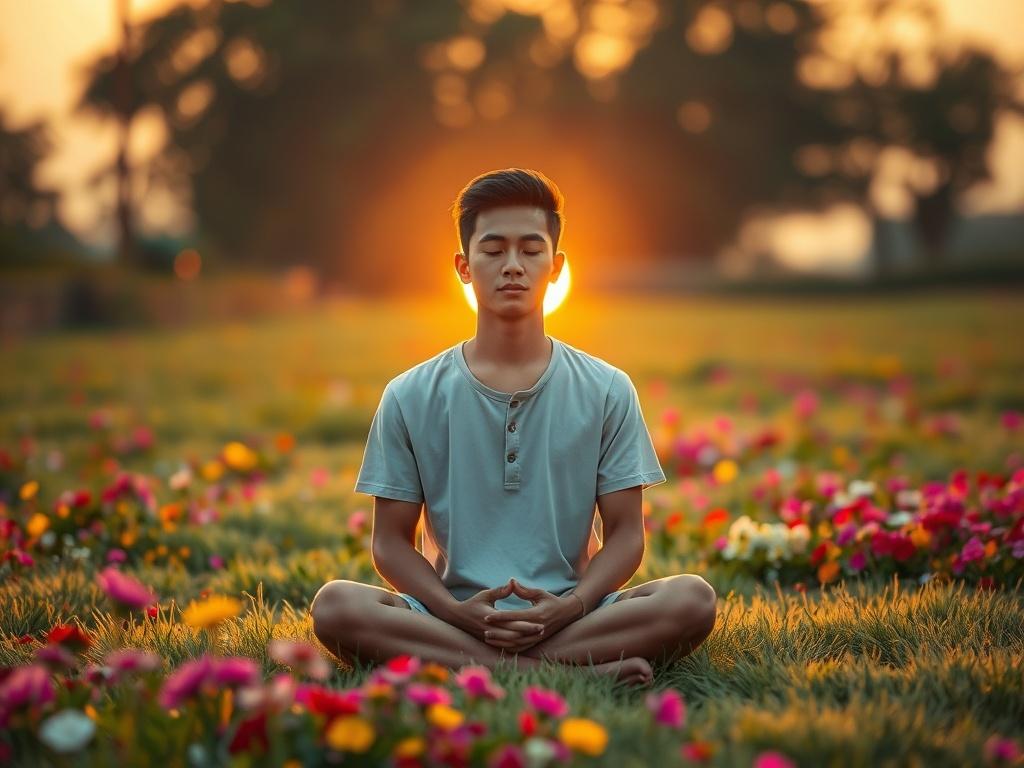 A serene and tranquil setting featuring a single person meditating on a soft, lush grassy area surrounded by vibrant flowers. The sun is setting in the background, casting warm golden hues across the scene. The person, a young adult with a calm expression, sits cross-legged, with their hands resting gently on their knees. The focus is on their peaceful face, and the background is softly blurred to emphasize the subject. The image should be rendered in hyper-realistic style, capturing the beauty of nature in