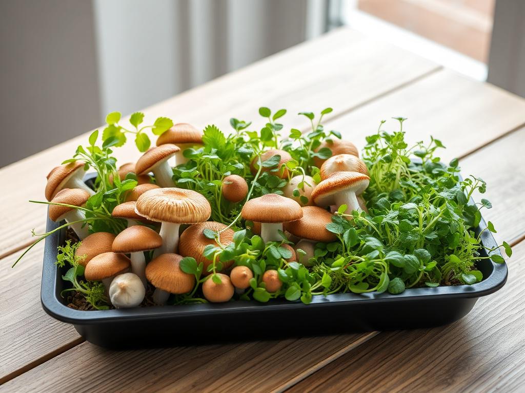 A realistic high-resolution photo of a living tray filled with a variety of gourmet mushrooms and microgreens. The tray should be placed on a simple wooden table, with soft natural light illuminating the fresh produce. The composition should highlight the vibrant colors and textures of the plants, creating an inviting atmosphere.