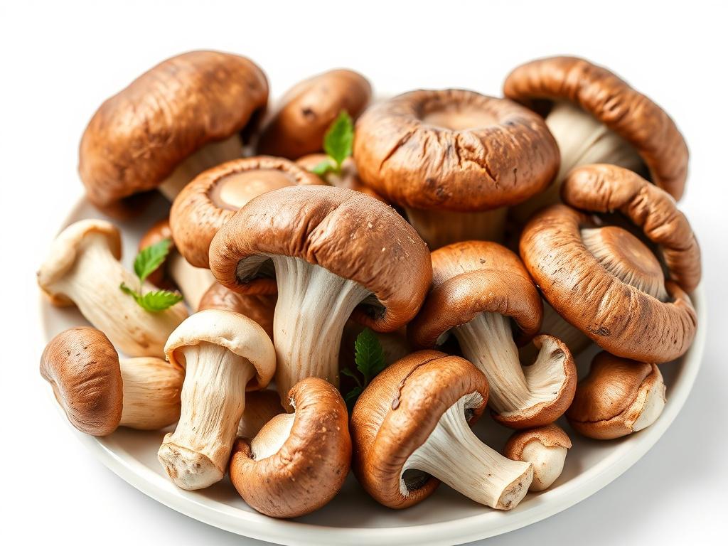 A realistic high-resolution photo of gourmet mushrooms, showcasing their rich textures and colors. The mushrooms should be arranged elegantly on a simple plate, set against a clean, white background. The composition should be clear and focused solely on the mushrooms, highlighting their freshness and quality. The overall tone should be inviting and appetizing.