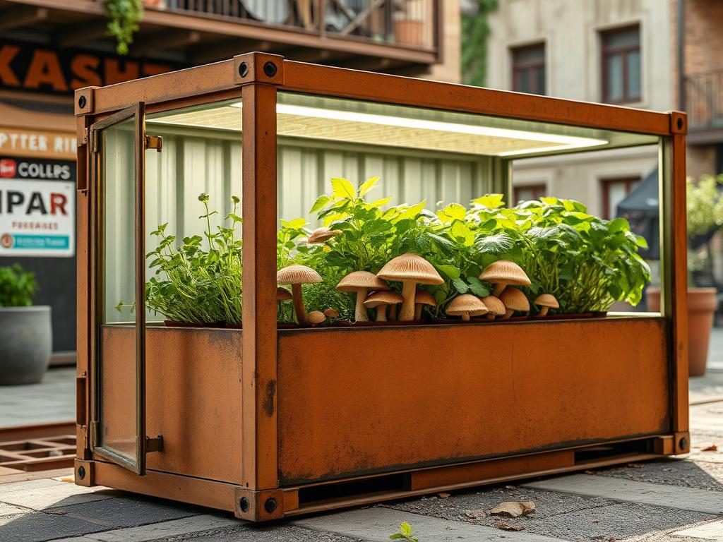 A realistic high-resolution image of a modern, solar-powered container farm showcasing vibrant gourmet mushrooms and microgreens growing inside. The container should have earthy tones and textures, with sunlight filtering through. The background should feature a rustic urban setting, emphasizing the blend of nature and city life.