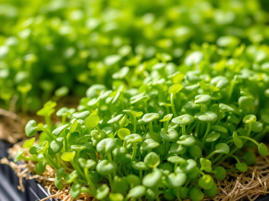 A close-up shot of vibrant, fresh microgreens growing on hemp mats. The microgreens are lush and healthy, showcasing a variety of colors and textures. The background is simple and blurred to emphasize the greens. The lighting is soft yet bright, highlighting the freshness of the microgreens and the earthy tones of the hemp mats. The image should evoke feelings of sustainability and health, with a focus on the natural beauty of the microgreens.
