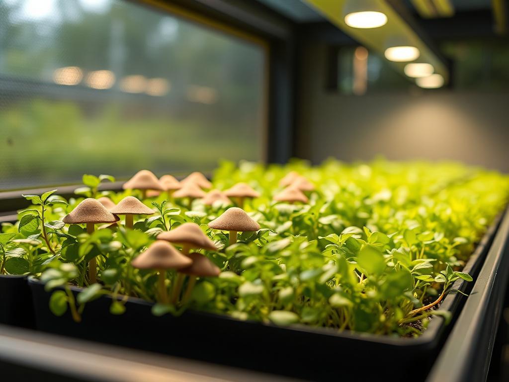 A hyper-realistic close-up shot of a modular, solar-powered container farm filled with vibrant microgreens and gourmet mushrooms. The image should capture the intricate details of the plants, showcasing their freshness and color, with a soft-focus background that emphasizes sustainability. The lighting should be warm and inviting, highlighting the innovative design of the container farm. The composition should be simple and clear, featuring only the container farm as the main subject, framed beautifully to 