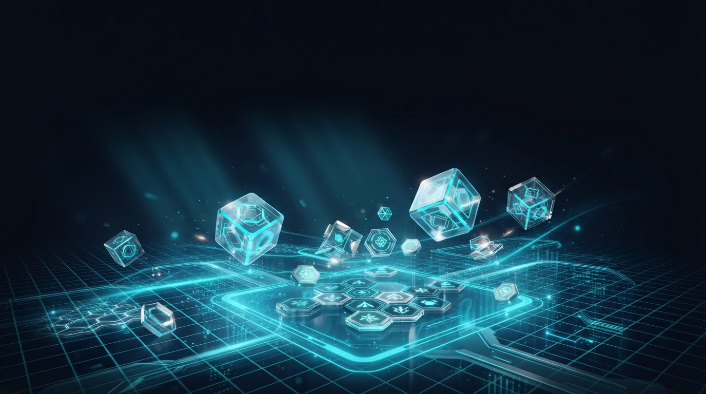 Paysage holographique de cubes de puzzle et de pièces stratégiques hexagonales