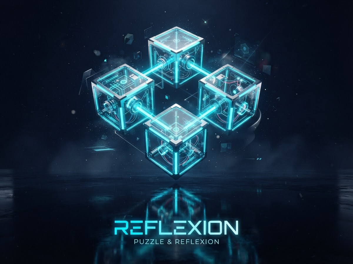 Cubes de puzzle en verre translucide illuminés de néon cyan