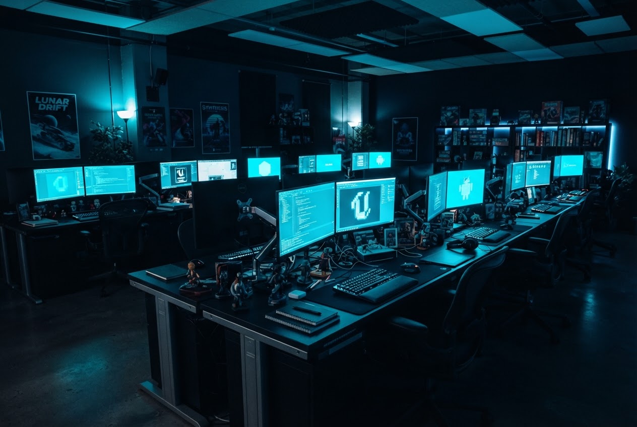 Espace de travail créatif nocturne éclairé par la lueur néon cyan des écrans
