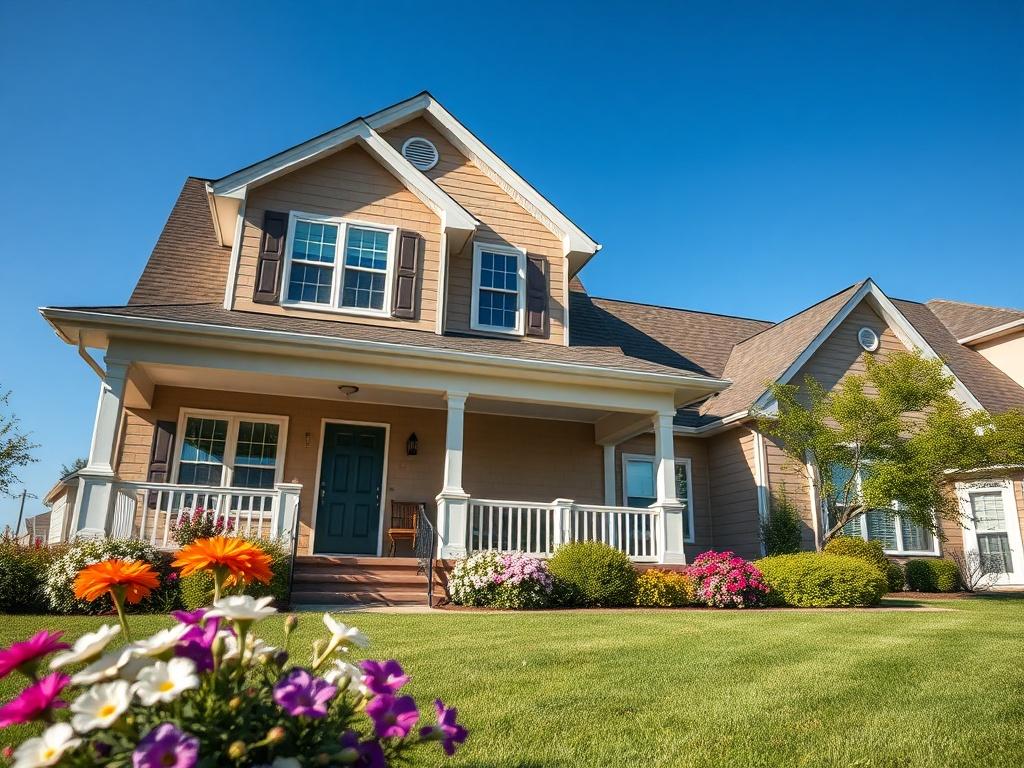 A high-resolution image of a beautiful family home, showcasing a well-maintained front yard with flowers and greenery. The house should be inviting, featuring a porch and large windows, under a clear blue sky. The focus should be on the home itself, capturing its architectural details and the warmth of a safe and welcoming environment.