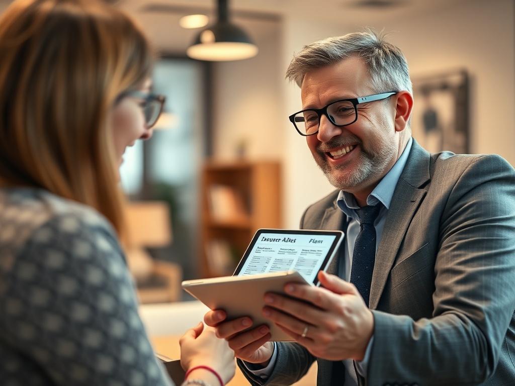 A highly detailed close-up shot of a licensed insurance agent attentively discussing insurance options with a client. The agent is smiling and holding a tablet displaying various insurance plans, while the client looks engaged and interested. The background is a softly blurred office environment with warm lighting, creating a welcoming and professional atmosphere. The overall composition highlights the personal touch and dedication of the agent.