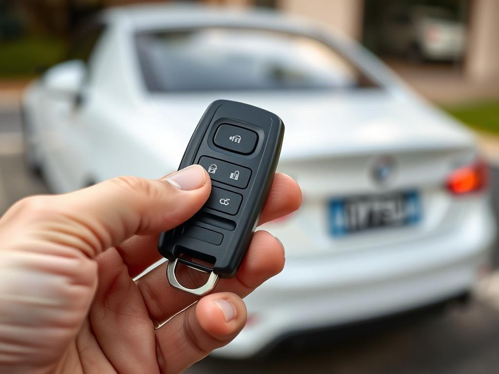 A close-up shot of a car key being held by a person, with a blurred background of a parked car. The focus should be on the key, highlighting its details, while the car provides context. The image should convey a sense of protection and ownership, reflecting the theme of auto insurance. Ensure high resolution and a vibrant color palette that aligns with the primary color rgb(21, 196, 244).