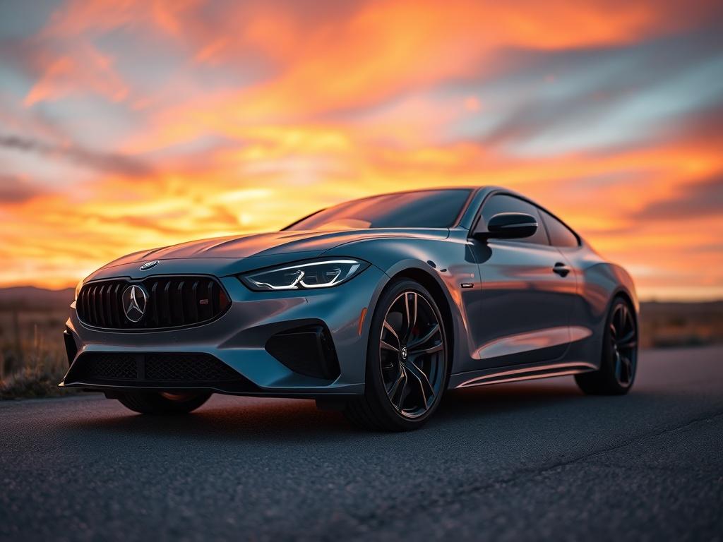 A close-up shot of a sleek, modern car parked on a scenic road during sunset, with a vibrant sky in the background. The focus is on the car's details, showcasing its design and features, with a soft blur of the road and landscape around it to emphasize the subject.