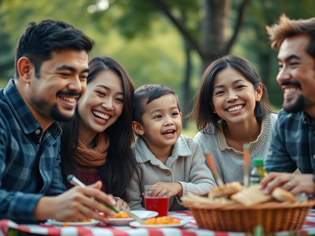 A close-up shot of a family enjoying a picnic in a park, capturing joyful expressions and the warmth of togetherness. The background is soft and out of focus, emphasizing the family bond and the idea of protection and care.