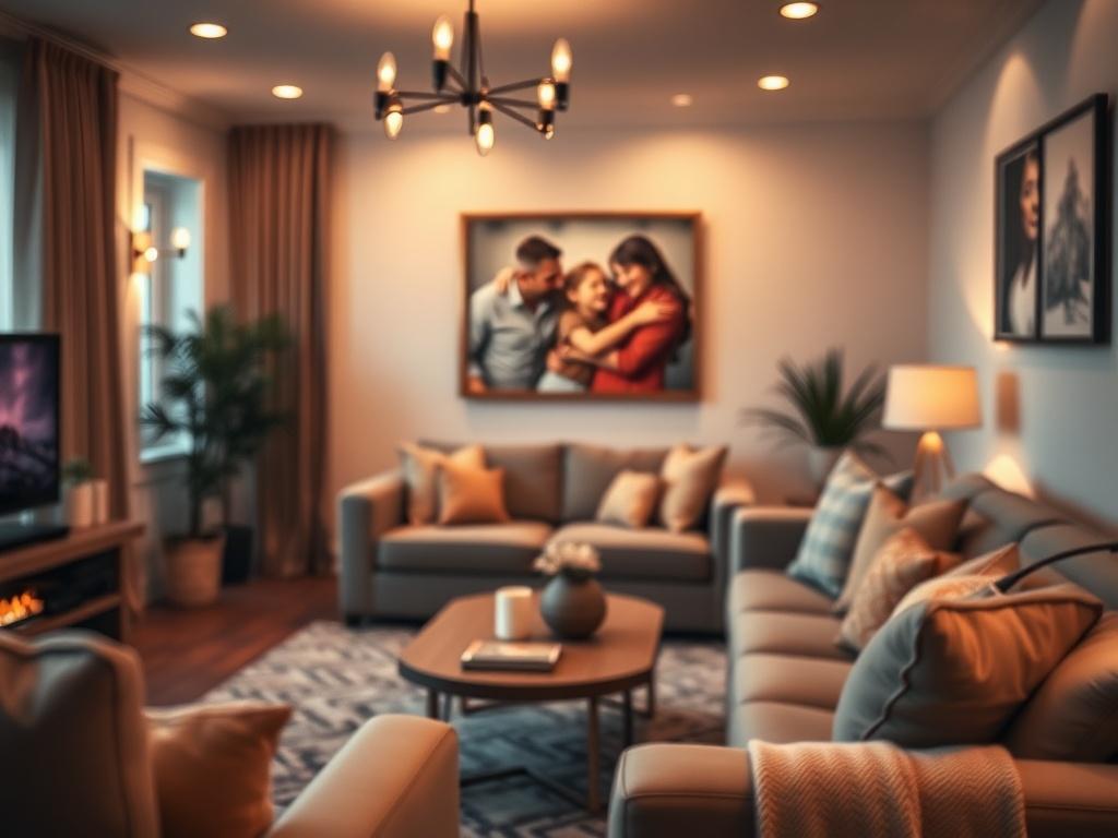 A close-up shot of a cozy, beautifully decorated living room in a modern home, featuring warm lighting and inviting furniture. The focus is on a family photo on the wall, symbolizing warmth and safety in the home, with soft bokeh in the background to enhance the atmosphere.