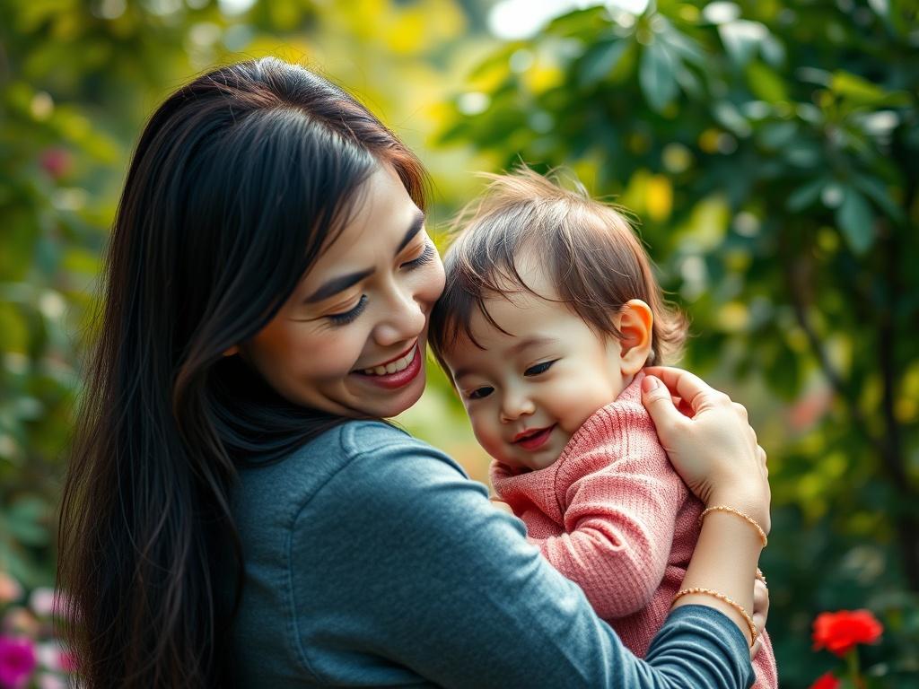 A close-up shot of a serene moment between a parent and child, showcasing a loving embrace in a peaceful garden setting. The background should be lush and vibrant, symbolizing life and growth. The focus should be on the connection between the two, capturing the essence of love and security. The image should be high-resolution and colorful, matching the rgb(21, 196, 244) primary color.
