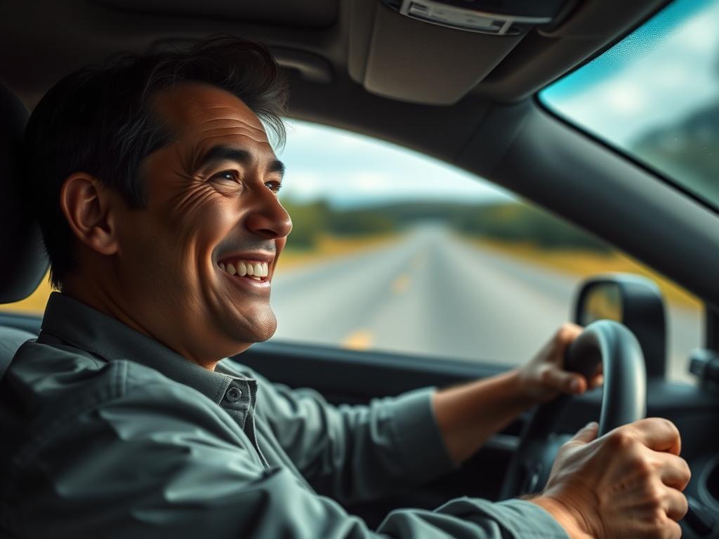 A close-up shot of a confident driver behind the wheel of a car, smiling and looking forward. The background should be a blurred road, suggesting movement and freedom. The focus should be on the driver, capturing their expression of assurance and joy. The image should have vibrant colors and high-resolution quality, compatible with the rgb(21, 196, 244) primary color.
