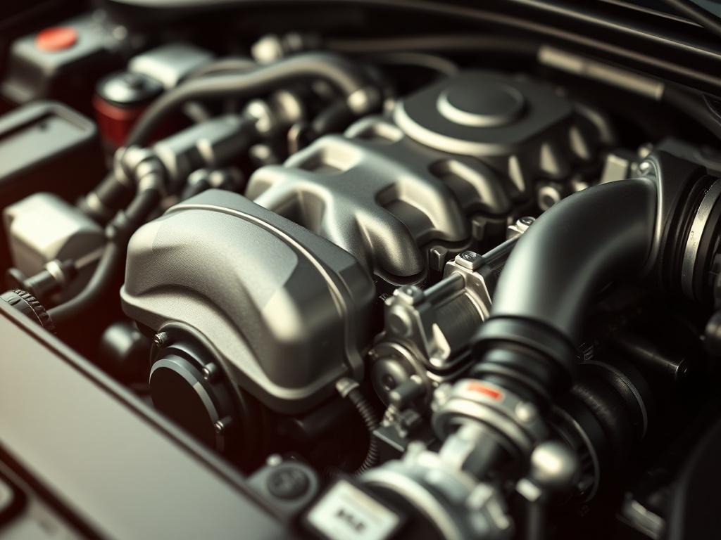 A hyper-realistic close-up shot of a car engine, showcasing intricate details and components, with a soft-focus background that emphasizes the engine's complexity. The lighting should accentuate the metallic textures of the engine parts, creating a vivid and engaging image. The composition should be simple and clear, with the engine as the sole subject, capturing the essence of reliability and protection associated with car warranties.