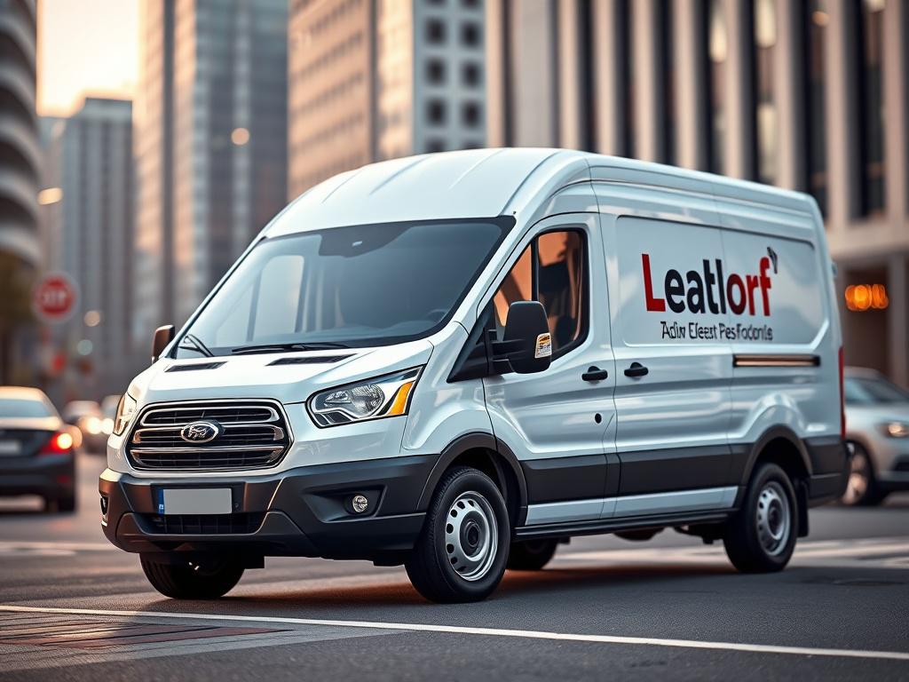 A hyper-realistic close-up shot of a commercial delivery van parked in an urban environment, showcasing its sleek design and company branding. The background should feature a blurred cityscape with soft lighting, emphasizing the van as the main subject. The image should capture the essence of reliability and professionalism in commercial transportation, with a focus on the van's details such as the logo and clean lines.