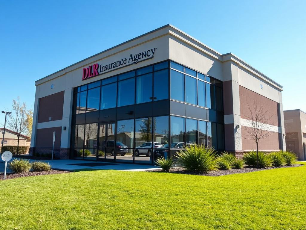 A high-resolution close-up shot of a modern office building representing DLR Insurance Agency LLC in Lords Valley. The building should have large glass windows reflecting the sunlight, with a clear blue sky in the background. The foreground should include a neatly landscaped area with green grass and a few ornamental plants, creating a welcoming atmosphere. The image should be shot with a 45mm f/1.2 lens to highlight the details of the building and surroundings.