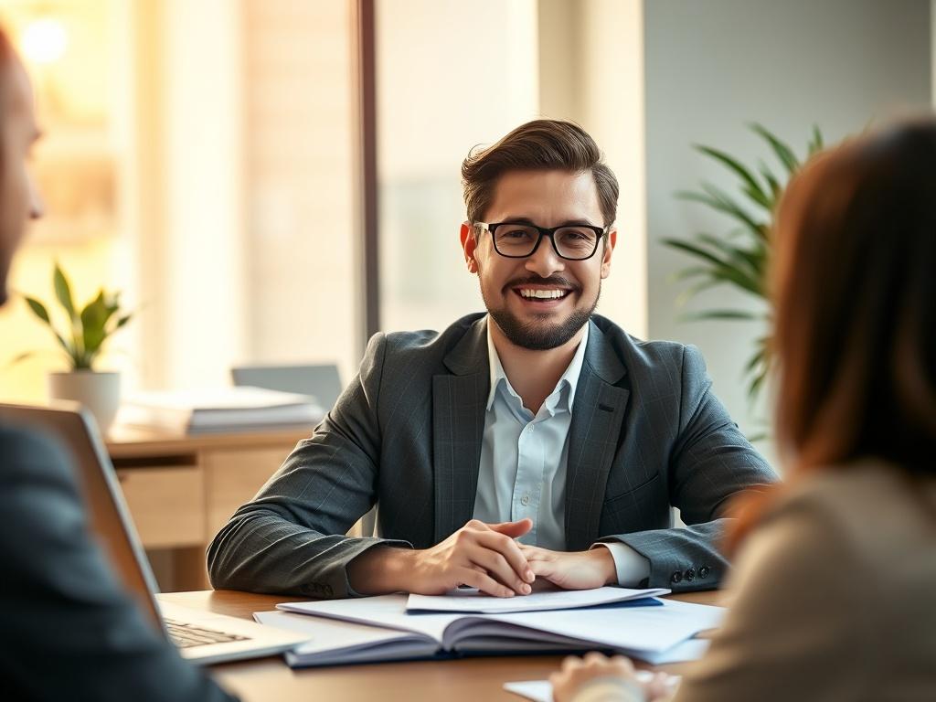 A close-up shot of a friendly insurance agent in a professional setting, smiling and engaging with a client. The agent is seated at a desk with a laptop open, papers neatly arranged, and a plant in the background. The lighting is warm and inviting, showcasing a clean, green aesthetic. The image conveys trust and professionalism.