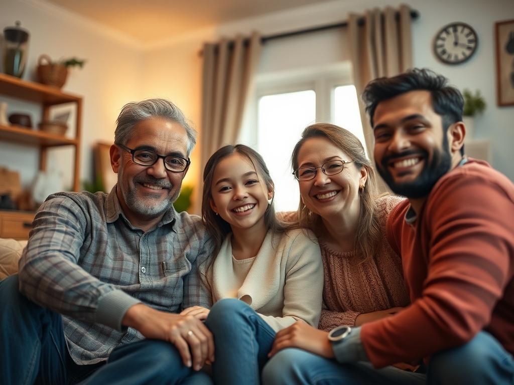 A close-up shot of a happy family gathered in their cozy living room, surrounded by personal belongings that reflect their life together. The background should be softly lit, creating a warm and inviting atmosphere. The focus should be on the family members, showcasing their smiles and the joy of being together in a secure environment. The image should be high-resolution and vibrant, in line with the rgb(21, 196, 244) primary color.