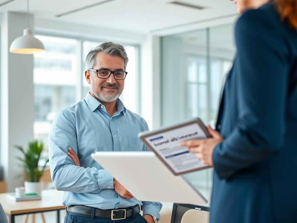 A professional business setting with a confident business owner discussing general liability insurance with a licensed insurance agent. The agent is holding a tablet showing insurance options. The background features a bright, modern office with natural light and a welcoming atmosphere. The focus is on the interaction between the two individuals, capturing the essence of personalized service and professional guidance.