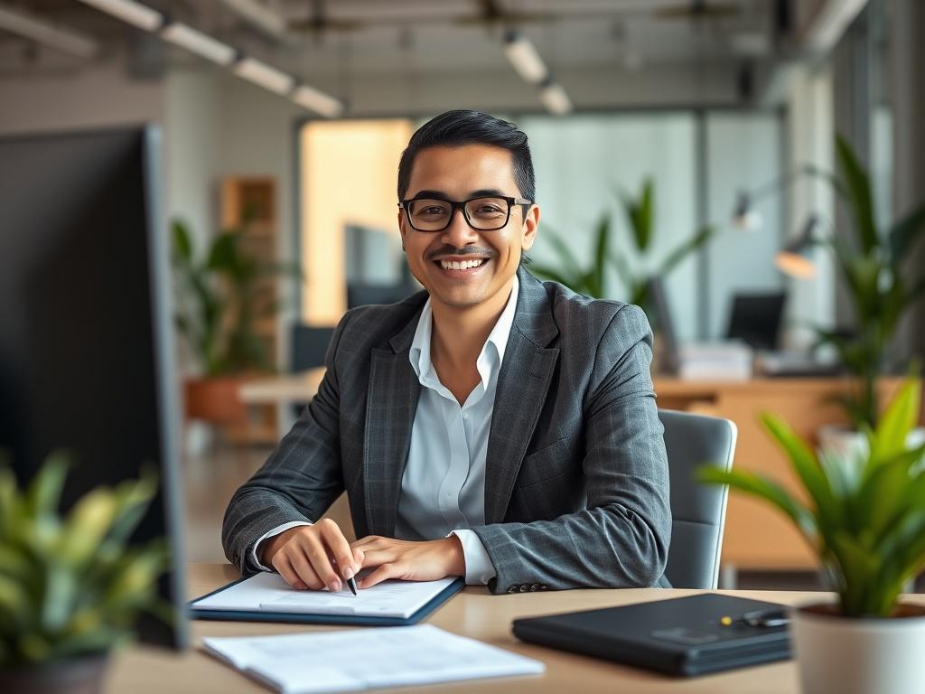 A close-up shot of a friendly insurance agent smiling while sitting at their desk in a bright and modern office. The agent is wearing a professional outfit and has a notepad in front of them, ready to assist clients with their insurance needs. The background shows a well-organized workspace with subtle green plants, creating a clean and welcoming atmosphere. The image should convey trust and professionalism, shot with a 45mm f/1.2 lens.