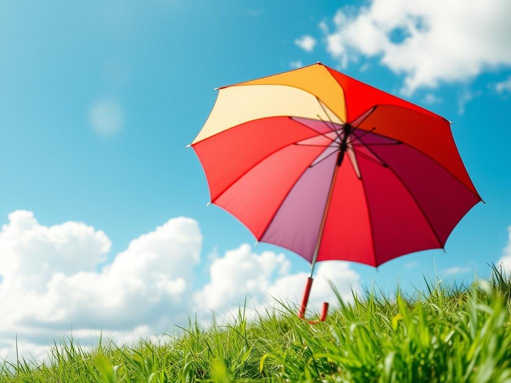 A close-up shot of a serene landscape featuring an open umbrella in a soft breeze. The background shows a bright blue sky with fluffy white clouds, symbolizing protection and peace. The umbrella is colorful and vibrant, standing out against the clear sky, while the grass below is lush and green. The image captures the essence of safety and security, inviting viewers to feel reassured and protected.