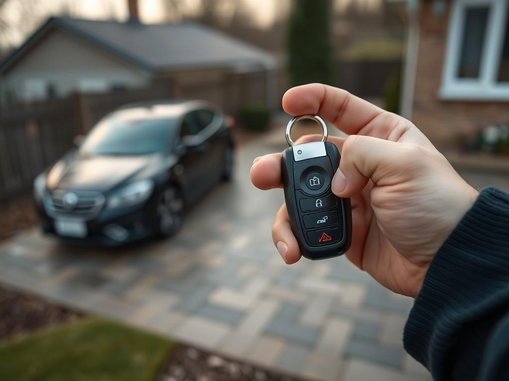 A close-up shot of a car key in a person's hand, with a blurred background of a car parked in a driveway, shot with a 45mm f/1.2 lens. The image should reflect a feeling of security and protection.